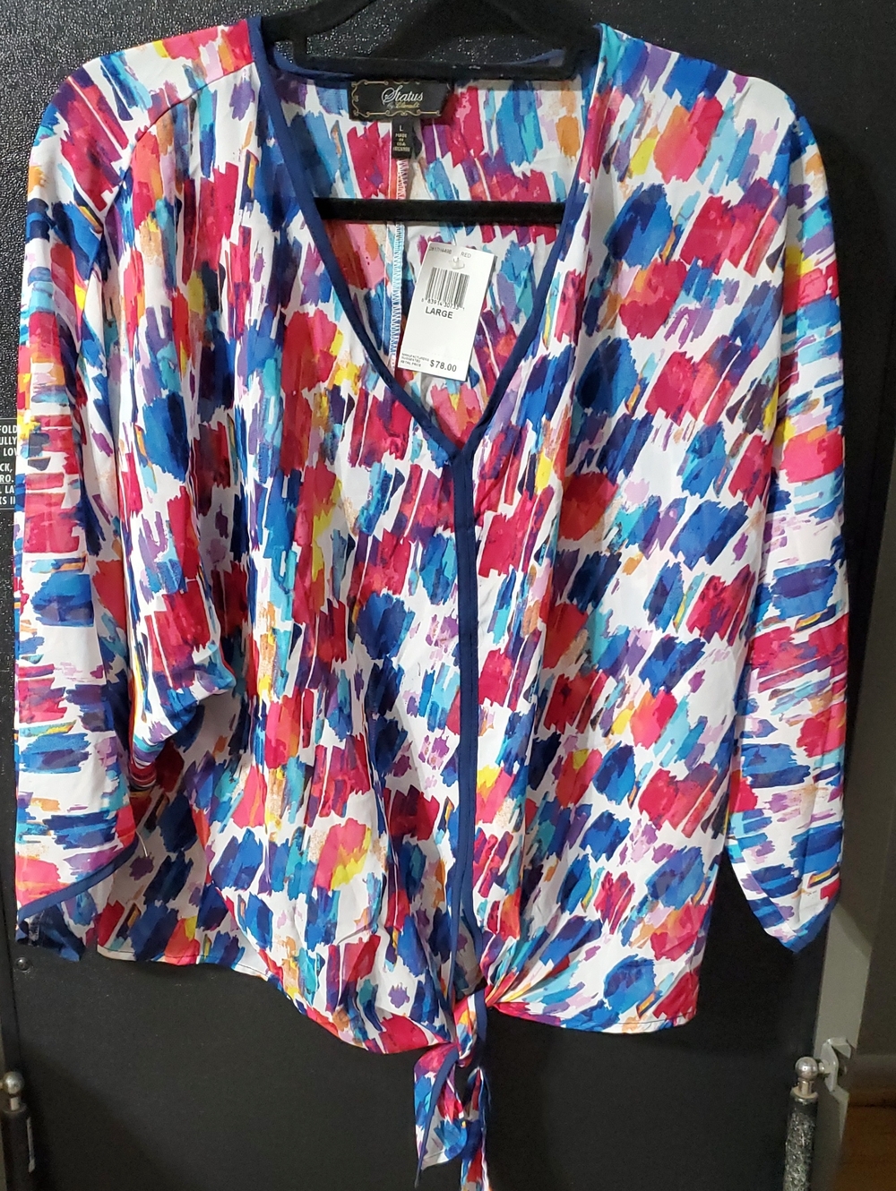 Status Multicolor Brushstroke Tie-Front V-Neck Blouse — Blue, Pink, Yellow Large